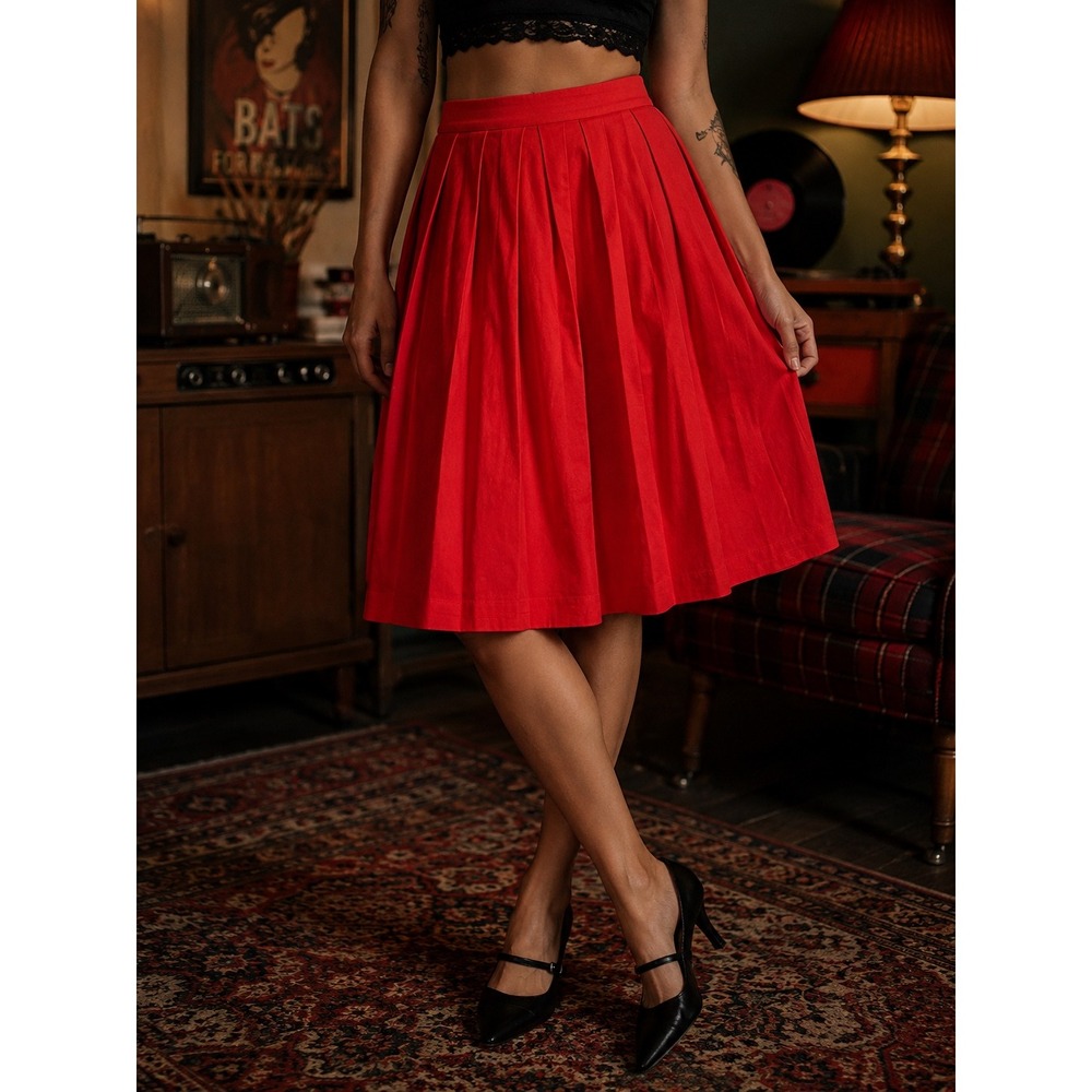 Coral Red Pleated Midi Skirt A Line Full Swing Retro Feminine Pockets L NWT
